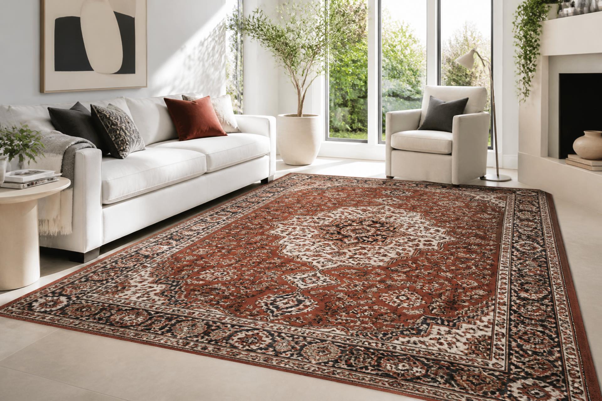 Bright sunlit contemporary living room with a large patterned oriental rug covering the floor