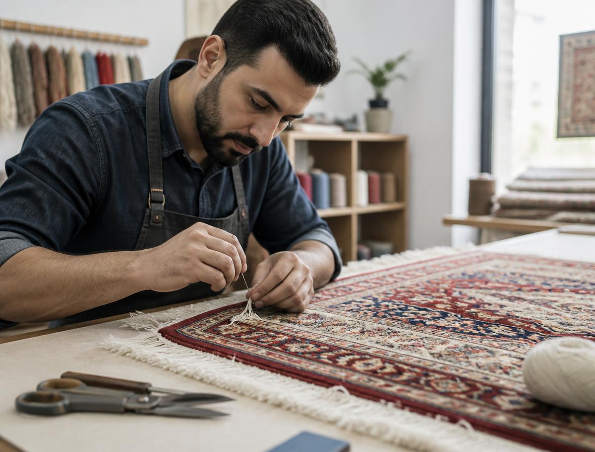 Rug artisan hand-repairing the fringe of a patterned oriental rug in a bright workshop